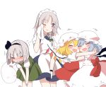  4girls bat_wings black_hairband blonde_hair blue_eyes blue_hair blush bowing closed_eyes commentary_request fang fangs flandre_scarlet gem hairband happy_tears hat highres hitodama hug izayoi_sakuya konpaku_youmu konpaku_youmu_(ghost) looking_at_another maid_headdress miniskirt mob_cap multiple_girls one_eye_closed outstretched_arms puffy_sleeves remilia_scarlet shan short_hair short_sleeves siblings silver_hair sisters skirt skirt_set tears touhou wings 
