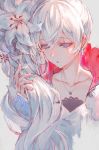  :o blue_eyes collarbone commentary earrings flower hair_flower hair_ornament half-closed_eyes highres holding holding_hair izumi_sai jewelry long_hair long_sleeves looking_at_viewer necklace parted_lips rwby scar scar_across_eye sidelocks upper_body weiss_schnee white_flower white_hair 