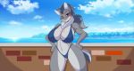  2018 anthro bedroom_eyes big_breasts bikini blue_eyes blush breasts canine cleavage clothed clothing day detailed_background dog female fur grey_fur grey_hair hair half-closed_eyes husky looking_at_viewer mammal mastergodai multicolored_fur navel outside seductive smile solo swimsuit thick_thighs two_tone_fur voluptuous wide_hips 