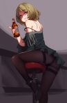  alcohol asahi_breweries ass bare_shoulders beer_bottle blush boots brown_hair dress feguimel green_eyes gusset high_heel_boots high_heels idolmaster idolmaster_cinderella_girls looking_at_viewer mole mole_under_eye off_shoulder pantyhose short_hair sitting solo stool takagaki_kaede 