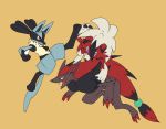  ambiguous_gender claws lucario lycanroc midnight_lycanroc mohupocket nintendo pok&eacute;mon pok&eacute;mon_(species) simple_background video_games yellow_background zoroark 