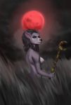  black_hair braided_hair breasts canine female full_moon grass hair looking_at_viewer mammal moon nagishi nipples nude side_boob solo staff tall_grass video_games warcraft were werewolf worgen 