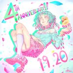  anniversary aqua_hair bead_bracelet beads blue_eyes bracelet character_name clothes_writing crop_top dated doughnut food hand_on_own_stomach hand_up jewelry knees_up legs limited_palette long_hair looking_at_viewer nanasaki_nicole necklace ponytail reclining shoes signature skirt sneakers socks solo star star_necklace tokyo_7th_sisters tongue tongue_out yakimi_27 