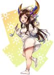  ankle_socks arulumaya bangs black_hair blush brown_hair egg full_body granblue_fantasy harvin hat highres holding ladle leg_up long_hair mole mole_under_eye mushi024 no_shoes open_mouth pointy_ears smile smock socks solo swept_bangs white_legwear 