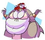  2018 anthro armwear belly big_belly big_breasts breasts cleavage clothed clothing cute digital_media_(artwork) eyewear female fish freckles glasses hair hi_res marine mature_female overweight red_hair shark simple_background smile solo sweat sweatpants_(artist) teeth thick_thighs venus_(nerdshark) voluptuous white_background 