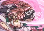  baiken black_jacket breasts colored_eyelashes commentary_request eyelashes facial_tattoo guilty_gear highres jacket jacket_on_shoulders japanese_clothes katana kimono large_breasts long_hair looking_at_viewer mouth_hold one-eyed open_clothes open_kimono ougi-modoki pink_eyes pink_hair ponytail samurai sash scar scar_across_eye shiny shiny_skin skull_print solo sword tattoo tied_hair weapon white_kimono 
