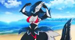  2018 5_fingers anthro avian beach big_breasts bikini bird black_skin blue_feathers blue_hair blush breasts cetacean clothing day detailed_background feathers female hair hybrid looking_at_viewer mammal marine mastergodai multicolored_skin navel orca outside seaside smile solo swimsuit thick_thighs two_tone_skin voluptuous whale white_skin wide_hips 
