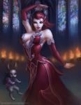  alternate_costume animal_ears anolea artist_name breasts bunny bunny_ears chang'e_(smite) cleavage dated fangs fire highres lipstick long_hair makeup patreon_username red_hair smite solo vampire window yellow_eyes 