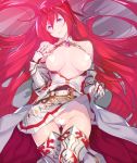  ass_visible_through_thighs blue_eyes boots breasts censored commentary_request gauntlets godguard_brodia granblue_fantasy hair_ornament heart heart_censor highres kagetomo_midori large_breasts long_hair looking_at_viewer lying no_panties on_back open_clothes open_shirt red_hair skirt skirt_lift solo thigh_boots thighhighs very_long_hair 