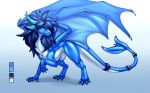  2018 blue_eyes blue_hair claws dragon female feral hair membranous_wings model_sheet oksara scalie simple_background smile solo western_dragon wings 
