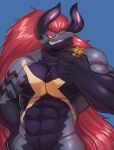  abs anthro batzz_(buddyfight) biceps big_muscles black_skin dragon drum_(buddyfight) future_card_buddyfight grey_skin grin hair half-length_portrait hand_on_hip holding_character horn long_hair macro male micro muscular nude pecs portrait red_hair smile solo soonico standing teeth 