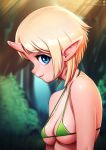  bikini blonde_hair blue_eyes breasts clothed clothing detailed_background eyelashes female forest hair horn humanoid lips neocoill outside pointy_ear short_hair solo swimsuit tree unknow_species 