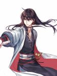  ahoge brown_hair coat floating_hair gourd grey_eyes hair_between_eyes holding holding_sword holding_weapon kangetsu_(fhalei) long_hair long_sleeves male_focus open_clothes open_coat original parted_lips sash simple_background solo standing sword weapon white_background 