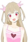  absurdres bangs blush breasts bunny_hair_ornament cleavage collarbone donguri_suzume dress fang hair_ornament head_tilt highres light_brown_hair long_hair looking_at_viewer natori_sana open_mouth pink_dress red_eyes sana_channel sleeveless solo two_side_up virtual_youtuber 