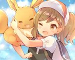  ayumi_(pokemon) bag baseball_cap blue_sky blush brown_eyes brown_hair closed_eyes cloud commentary_request day eevee hat hug o_hamachi one_eye_closed open_mouth pokemon pokemon_(creature) pokemon_(game) pokemon_lgpe ponytail short_sleeves sky smile 