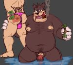  2018 4_fingers anthro balls belly big_belly black_nose body_hair bulge cat chest_hair cigar clothing digital_drawing_(artwork) digital_media_(artwork) disney duo english_text feline glitter gloves goof_troop griz_urso hair hi_res human male mammal money navel nipples nude open_mouth overweight overweight_male penis peter_pete_sr. simple_background small_penis smile smoke smoking spank_marks spanking tattoo teeth text 