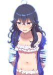  ahoge bikini blue_eyes blue_jacket blush clearite collarbone commentary frilled_bikini frills groin holding holding_pillow hood hoodie izumo_kasumi_(nijisanji) jacket navel nijisanji open_clothes open_hoodie pillow solo swimsuit swimsuit_under_clothes virtual_youtuber wavy_hair 