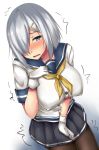  1girl between_legs black_legwear blue_eyes blue_sailor_collar blue_skirt breasts collarbone dutch_angle embarrassed eyebrows_visible_through_hair female gloves hair_ornament hair_over_one_eye hairclip half-closed_eyes hamakaze_(kantai_collection) hand_between_legs hand_on_own_chest hand_up have_to_pee jpeg_artifacts kantai_collection large_breasts looking_at_viewer neckerchief nose_blush open_mouth pantyhose pleated_skirt sailor_collar school_uniform serafuku shirt short_hair short_sleeves silver_hair simple_background skirt solo standing terakoya trembling uniform white_background white_gloves white_shirt yellow_neckwear 