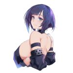  arm_strap back bangs bare_back bare_shoulders breasts choker commentary_request detached_sleeves green_eyes highres large_breasts light_smile looking_at_viewer looking_back neisa_(pandea_work) original pandea_work purple_hair short_hair sideboob single_strap skindentation solo upper_body white_background 