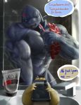  2018 alien anger_vein annoyed bathroom better_version_at_source big_muscles cellphone convenient_censorship dialogue disney duo english_text experiment_(species) faucet gantu grey_skin holding_object holding_phone kneeling lilo_&amp;_stitch lilo_and_stitch male mirror muscular muscular_male nude one_eye_closed open_mouth phone purple_eyes reuben sink snoway text toothbrush towel 