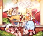  bangs bat_wings black_hat blonde_hair blue_hair blush bow bush commentary crystal cup drinking_glass drinking_straw eyebrows_visible_through_hair eyewear_removed feeding flandre_scarlet food frilled_sleeves frills from_behind green_eyes hair_bow hat hat_bow highres komeiji_koishi komeiji_satori long_sleeves looking_at_another looking_inside multiple_girls no_hat no_headwear omurice open_mouth peeping pink_hair profile red_bow red_eyes remilia_scarlet shaded_face shan short_hair short_sleeves siblings side_ponytail sisters sunglasses sweatdrop third_eye touhou translation_request white_hair white_hat window wings yellow_bow yellow_neckwear yuri 