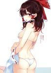  :d absurdres ass back bangs bare_arms bare_shoulders bikini blush bow breasts brown_hair cowboy_shot detached_sleeves eyebrows_visible_through_hair frilled_bow frills from_behind hair_between_eyes hair_bow hair_tubes hakurei_reimu halterneck highres long_hair looking_at_viewer looking_back medium_breasts mirei open_mouth polka_dot polka_dot_background red_bow red_eyes ribbon-trimmed_bow ribbon-trimmed_sleeves ribbon_trim scan side-tie_bikini sidelocks smile solo standing string_bikini swimsuit touhou translated two-tone_background undressing white_background white_bikini 