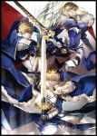  2girls ahoge armor armored_dress arthur_pendragon_(fate) artoria_pendragon_(all) artoria_pendragon_(lancer) black_border blonde_hair border bow breasts cape commentary crown dress elbow_gloves excalibur excalibur_(fate/prototype) fate/extella fate/extra fate/grand_order fate/prototype fate/stay_night fate_(series) fur_trim gauntlets gloves green_eyes hair_between_eyes highres holding holding_sword holding_weapon large_breasts multiple_girls pixiv_fate/grand_order_contest_2 pvc_parfait rhongomyniad saber short_hair sword twitter_username weapon 