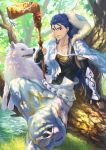  black_gloves black_shirt blue_hair collarbone cu_chulainn_(fate/grand_order) earrings elbow_gloves fate/grand_order fate_(series) fingerless_gloves gloves highres hood jewelry lancer long_hair looking_at_viewer male_focus nature outdoors pixiv_fate/grand_order_contest_2 red_eyes robe shirt smile solo suikatabetaifrom toeless_legwear tree water white_wolf wolf 