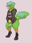  2018 avian beak bird black_sneakers blue_feathers blue_hair bottomless casual_nudity clothed clothing erection feathers footwear fuzzamorous green_feathers hair hoodie male parrot patrigue penis shirt shoes sneakers solo talons wide_hips yellow_eyes 