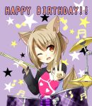  ;d animal_ears brown_eyes brown_hair chaakusu collar commentary drum drum_set drumsticks ear_piercing fennery_(show_by_rock!!) fox_ears fox_tail happy_birthday highres instrument light_brown_hair long_sleeves multicolored_hair musical_note one_eye_closed open_mouth piercing short_hair show_by_rock!! skull_print smile star streaked_hair tail two-tone_hair v 