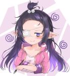  crossed_arms eyepatch granblue_fantasy hair_bobbles hair_ornament harvin highres jacket leglus long_hair lunalu_(granblue_fantasy) medical_eyepatch nib_pen_(object) pointy_ears purple_hair smile spiral track_jacket upper_body 