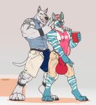  anthro beverage bulge canine clothed clothing duo hyena hyper hyper_bulge kenjin looking_at_viewer male mammal muscular muscular_male pecs shirt standing tank_top tongue tongue_out unzipped v_sign 