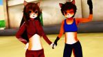  2018 3d_(artwork) anthro breasts brother brother_and_sister canine clothing digital_media_(artwork) duo female gloves hand_holding looking_at_viewer male malicekira mammal midriff one_eye_closed open_mouth sibling sister smile twins wink 