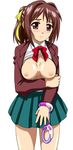  bb blush breasts cuffs hair_ribbon handcuffs highres large_breasts long_image mitsuki_sohara nipples no_bra open_clothes open_shirt ribbon school_uniform shirt sohara_mitsuki sora_no_otoshimono tall_image 