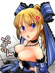  :o anger_vein angry bare_shoulders blonde_hair blue_eyes blush bouncing_breasts bow breasts choker dress_pull fantasy_earth_zero jewelry large_breasts necklace no_bra pulled_by_self solo urokozuki 