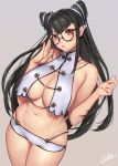  adjusting_eyewear bangs bare_shoulders black_hair breasts cleavage closed_mouth commentary_request covered_nipples eyebrows_visible_through_hair fingernails glasses grey_background large_breasts lips long_hair looking_at_viewer masami_chie midriff multicolored_hair navel original red_eyes shiny shiny_hair shorts sidelocks signature simple_background solo veins veiny_breasts white_hair 