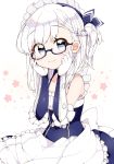  apron azur_lane belchan_(azur_lane) belfast_(azur_lane) bespectacled blue_eyes braid eyebrows_visible_through_hair glasses gloves hands_on_own_cheeks hands_on_own_face highres kanjitomiko long_hair looking_at_viewer maid maid_apron maid_headdress one_side_up sitting smile solo white_hair 