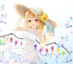  :d alternate_costume alternate_headwear artist_name bare_arms bare_shoulders blonde_hair blue_background blue_ribbon blush bug butterfly collarbone commentary_request cowboy_shot crystal dress flandre_scarlet flower gradient gradient_background hair_between_eyes hand_on_headwear hands_up haruki_(colorful_macaron) hat hat_flower hat_ribbon highres insect long_hair looking_at_viewer open_mouth orange_flower red_eyes ribbon side_ponytail smile solo spaghetti_strap standing sun_hat sundress touhou twitter_username white_background white_dress wings yellow_flower 