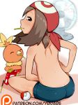  ambiguous_gender avian butt clothed clothing duo female feral human human_focus looking_at_viewer looking_back low_res mammal nintendo patreon pok&eacute;mon pok&eacute;mon_(species) signature simple_background solo_focus topless torchic video_games white_background y0dare 