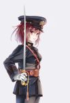  alternate_costume black_hat black_jacket brown_eyes brown_hair cowboy_shot from_side gloves hair_ribbon hat holding holding_sword holding_weapon imperial_japanese_navy ise_(kantai_collection) jacket kantai_collection longmei_er_de_tuzi looking_at_viewer military military_hat military_uniform peaked_cap ponytail red_ribbon ribbon short_hair simple_background solo sword uniform weapon white_background white_gloves 