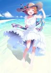  :d arm_up bangs bare_arms bare_shoulders beach blue_sky blush bracelet breasts cloud collarbone commentary_request day dress eyebrows_visible_through_hair floral_print half-closed_eyes hand_on_headwear hat head_tilt highres horizon idolmaster idolmaster_million_live! idolmaster_million_live!_theater_days jewelry looking_at_viewer medium_breasts natsumi_akira necklace nonohara_akane ocean open_mouth orange_hair outdoors red_eyes sand shawl short_hair sky sleeveless sleeveless_dress smile solo straw_hat sun_hat sundress wading water white_dress 