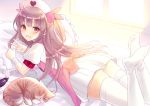  bed bow brown_hair cat commentary_request eggplant eyebrows_visible_through_hair hat indoors kashiwabara_en long_hair looking_at_viewer looking_back lying natori_sana nurse_cap on_bed on_stomach pillow pleated_skirt puffy_short_sleeves puffy_sleeves red_eyes revision sana_channel short_sleeves skirt solo thighhighs thighs two_side_up virtual_youtuber white_legwear white_pillow white_skirt window zettai_ryouiki 