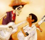  acoustic_guitar bandana black_hair brown_eyes coco_(disney) dark_skin dark_skinned_male disney facial_hair goatee grandfather_and_grandson guitar hat hector_rivera hood instrument mepachiri_(tbtbrarara) miguel_rivera multiple_boys music playing_instrument short_hair skeleton skull smile straw_hat 