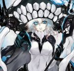  black_gloves blue_eyes bodysuit cape commentary_request fengya gloves glowing glowing_eye hat kantai_collection looking_at_viewer monster pale_skin pointing pointing_at_viewer shinkaisei-kan short_hair solo staff tentacles white_hair white_skin wo-class_aircraft_carrier 
