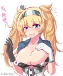  bangs bikini black_bikini blonde_hair blue_eyes blue_shirt blush breast_pocket breasts collared_shirt crying eyebrows_visible_through_hair flying_sweatdrops gambier_bay_(kantai_collection) gloves hair_between_eyes hair_ornament hairband hand_on_own_breast hand_up highres kantai_collection kihou_no_gotoku_dmc large_breasts long_hair messy_hair open_mouth pocket shirt shirt_pull short_sleeves sidelocks simple_background solo star star_print swimsuit tearing_up tears twintails upper_body white_background 