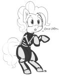  2016 clothed clothed_feral clothing costume dialogue earth_pony equine female feral friendship_is_magic hair halloween hi_res holidays horse inner_ear_fluff mammal monochrome my_little_pony open_mouth pabbley pinkie_pie_(mlp) pony simple_background solo text white_background wide_eyed 