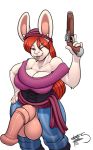  2018 animal_genitalia animal_penis anthro balls blue_eyes breasts cleavage clothed clothing dickgirl digital_media_(artwork) equine_penis flaccid freckles_(artist) gun hair holding_object holding_weapon intersex lagomorph long_hair looking_at_viewer mammal one_eye_closed penis rabbit ranged_weapon red_hair signature simple_background solo tongue tongue_out weapon white_background wink 