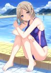  bangs bare_shoulders barefoot blue_eyes blue_swimsuit blush breasts cameltoe closed_mouth cloud day elbows_on_knees eyebrows_visible_through_hair grey_hair hajime_kaname head_tilt highleg highleg_swimsuit highres knees_up looking_at_viewer love_live! love_live!_sunshine!! medium_breasts one-piece_swimsuit outdoors playing_with_own_hair pool railing short_hair sitting smile solo swimsuit tile_floor tiles watanabe_you water wet 