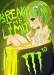  bangs bare_shoulders bucket energy_drink english eyebrows_visible_through_hair finger_to_mouth from_side green_eyes green_hair hair_bobbles hair_ornament highres inon kisume long_sleeves looking_at_viewer monster_energy off_shoulder open_mouth partially_submerged profile short_hair sitting solo touhou 