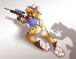  2018 3_toes anthro barefoot big_ears big_feet big_toes bobcat breasts butt cowboy_hat cute danger digital_media_(artwork) dixie_mae_carlisle_(character) erection feline female fur gun hair hat hunting lynx mammal nipples penis ranged_weapon redneck rifle simple_background siroc southern toes weapon yellow_fur 